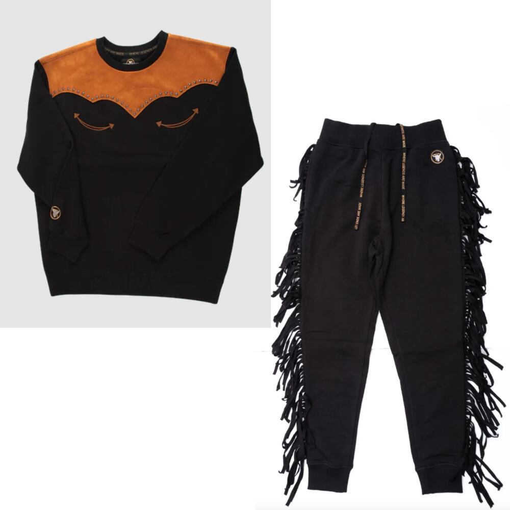 Teton Ridge Western Suede Crewneck Fringe Joggers Set Black Brown Medium